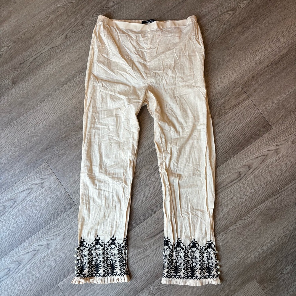 Khaadi Cream Beige Cotton Pants with Black Embroidery and Pearl Detail